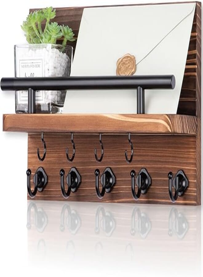 Nekon Key Holder for Wall with Shelf, Entryway Wall Organization with 9 Hooks, 9.8 Inch Wooden Key and Mail Holder with Mounting Screw Pack (Brown)